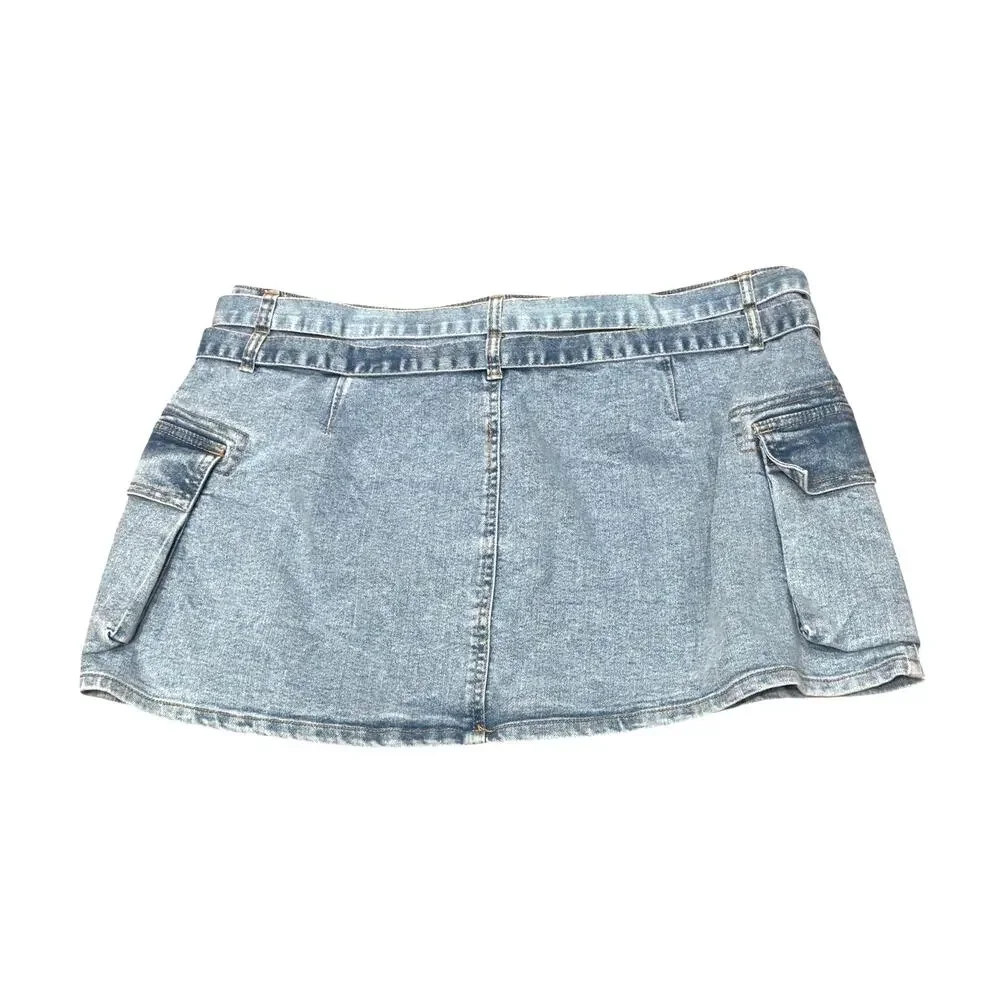 NWT Denim jean Mini Skirt Cargo Large 12-14 Double Belted festival concert
